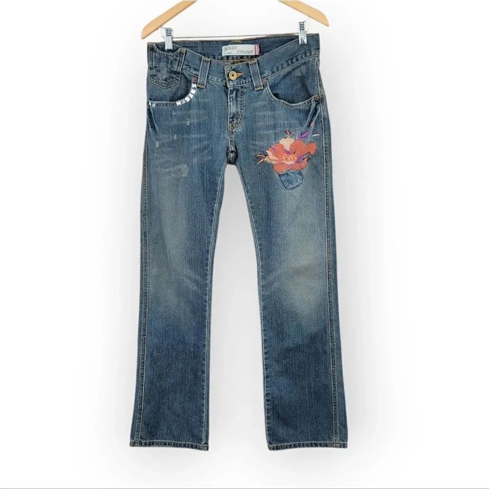 Levi's Y2K 504 Slouch Straight Blue Jeans with Floral Embroidery Studs